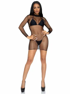 Ultra Net Long Sleeve High Neck Mini Dress - One   Size - Black
