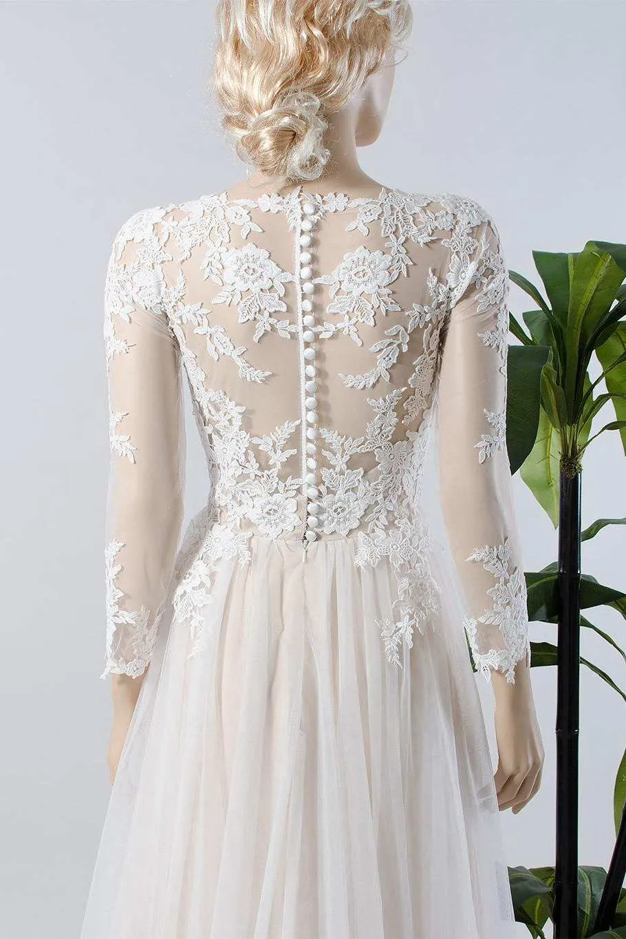 V-Neck Illusion Long Sleeve Lace Appliqued Tulle A-Line Pleated Wedding Dress-714967