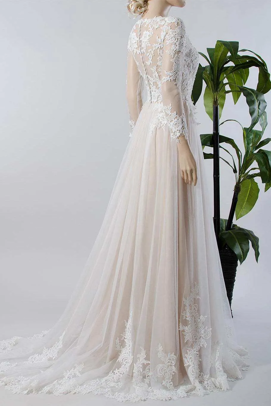 V-Neck Illusion Long Sleeve Lace Appliqued Tulle A-Line Pleated Wedding Dress-714967