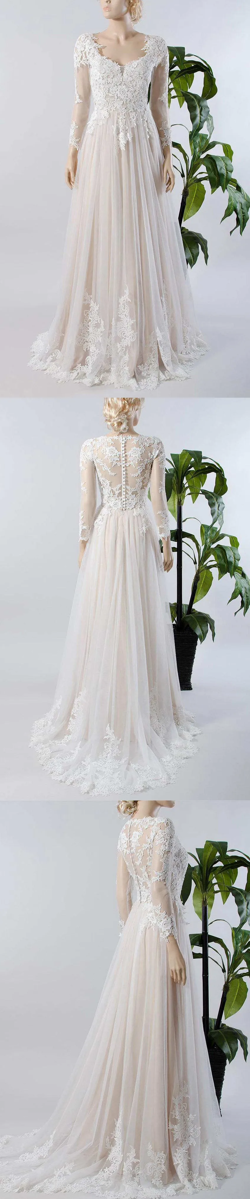 V-Neck Illusion Long Sleeve Lace Appliqued Tulle A-Line Pleated Wedding Dress-714967