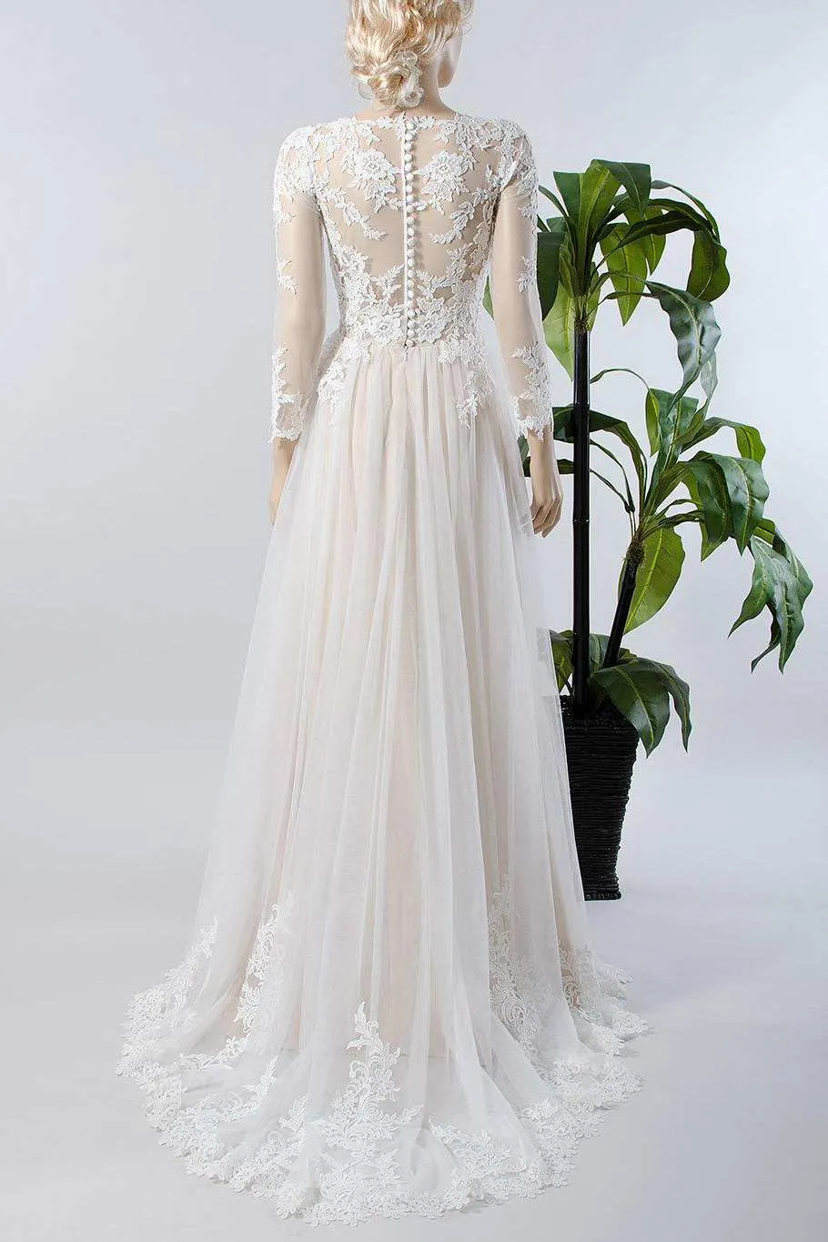 V-Neck Illusion Long Sleeve Lace Appliqued Tulle A-Line Pleated Wedding Dress-714967