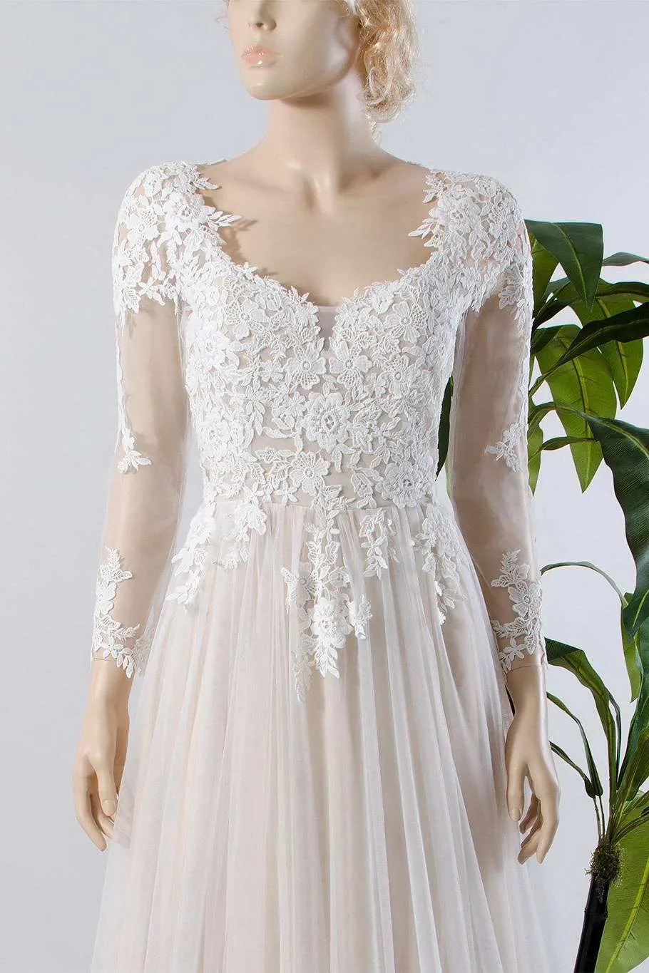 V-Neck Illusion Long Sleeve Lace Appliqued Tulle A-Line Pleated Wedding Dress-714967