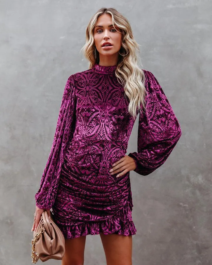 Velvet backless women puff sleeve dress