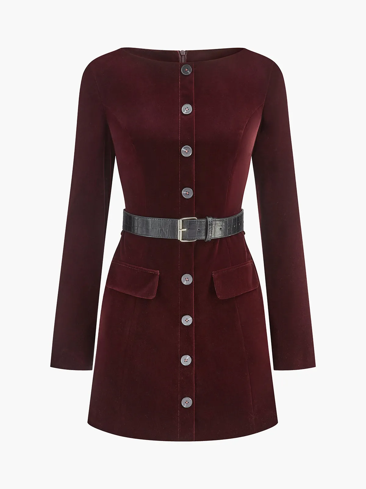 Velvet Button Short Dress With Belt