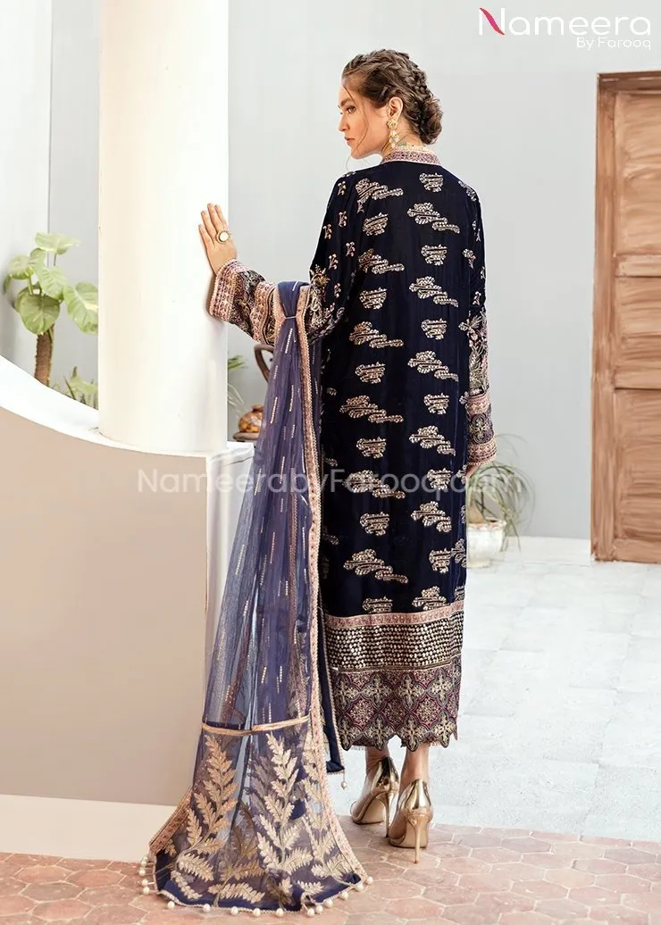 Velvet Pakistani Party Dress in Navy Blue Color #BB152