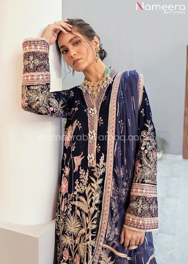 Velvet Pakistani Party Dress in Navy Blue Color #BB152