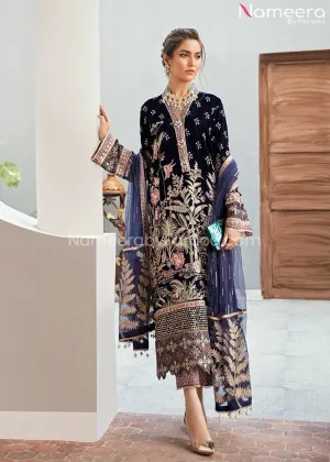 Velvet Pakistani Party Dress in Navy Blue Color #BB152