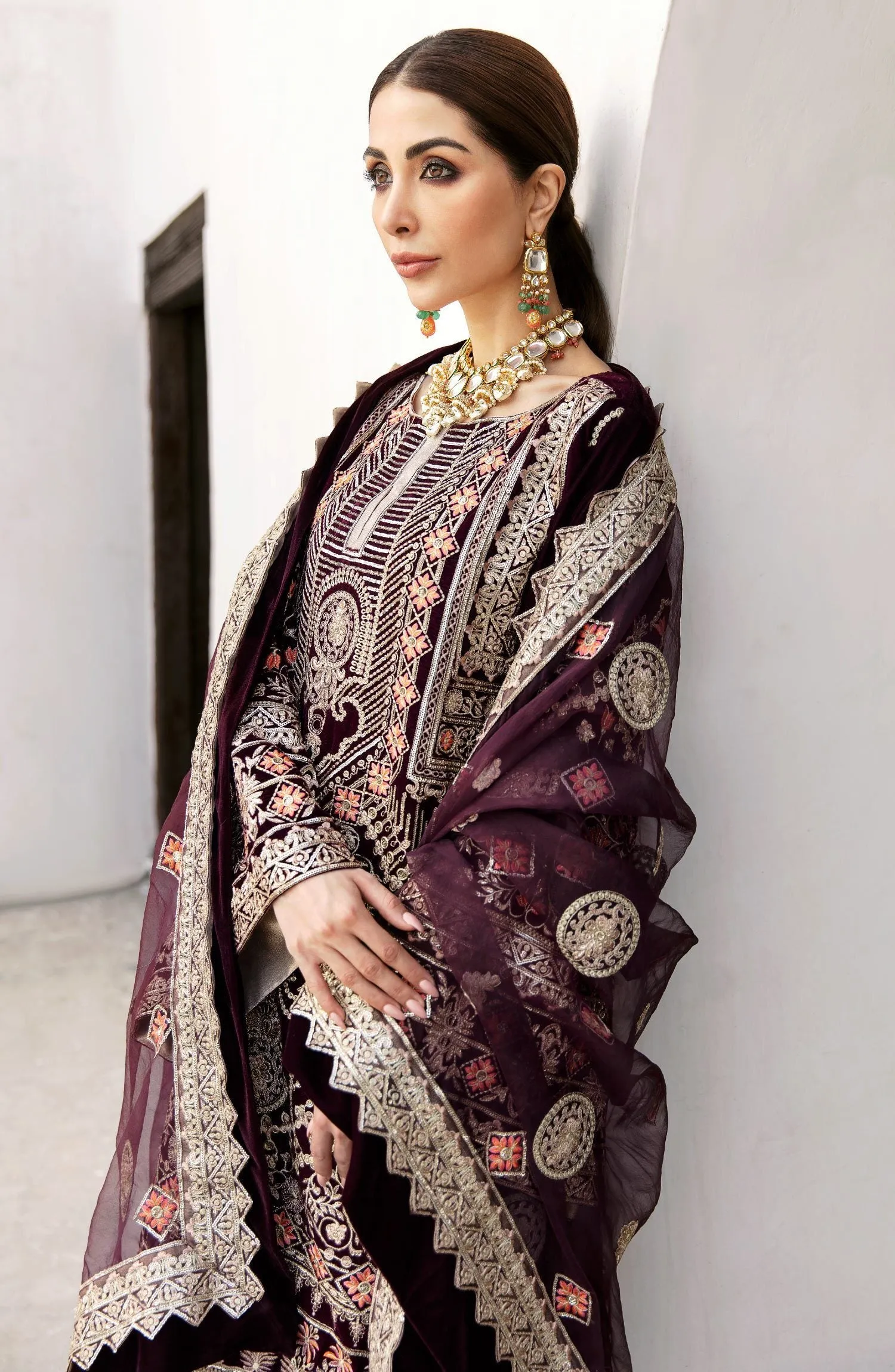 Velvet Party Wear Pakistani Dress in Plum Shade #PF284