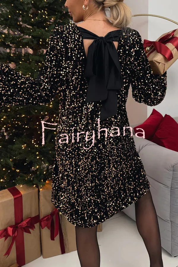Velvet Sequin Back Bow Bell Sleeves Loose Mini Dress