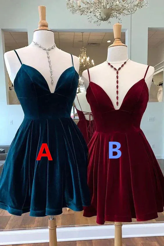 Velvet Short Homecoming Dress Tie Back Straps Winter Formal Dress