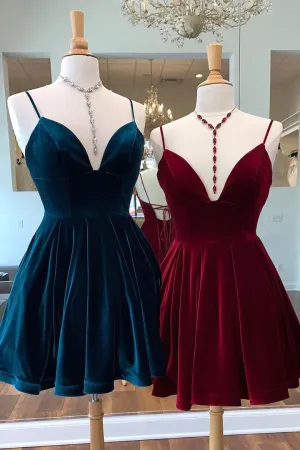 Velvet Short Homecoming Dress Tie Back Straps Winter Formal Dress