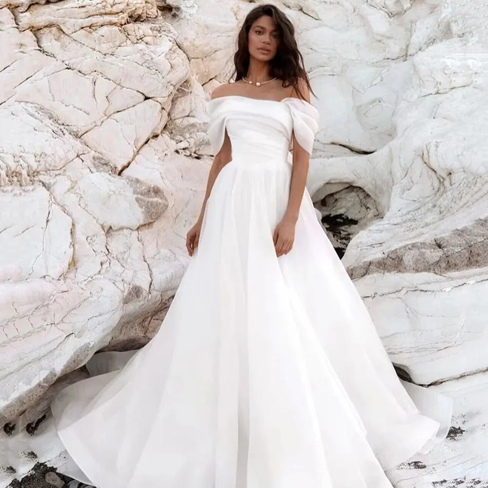 Vestidos de Noiva White Organza Wedding Dresses 2024 Off Shoulder Bride Dress Cheap Beach Wedding Gowns Couture Customized