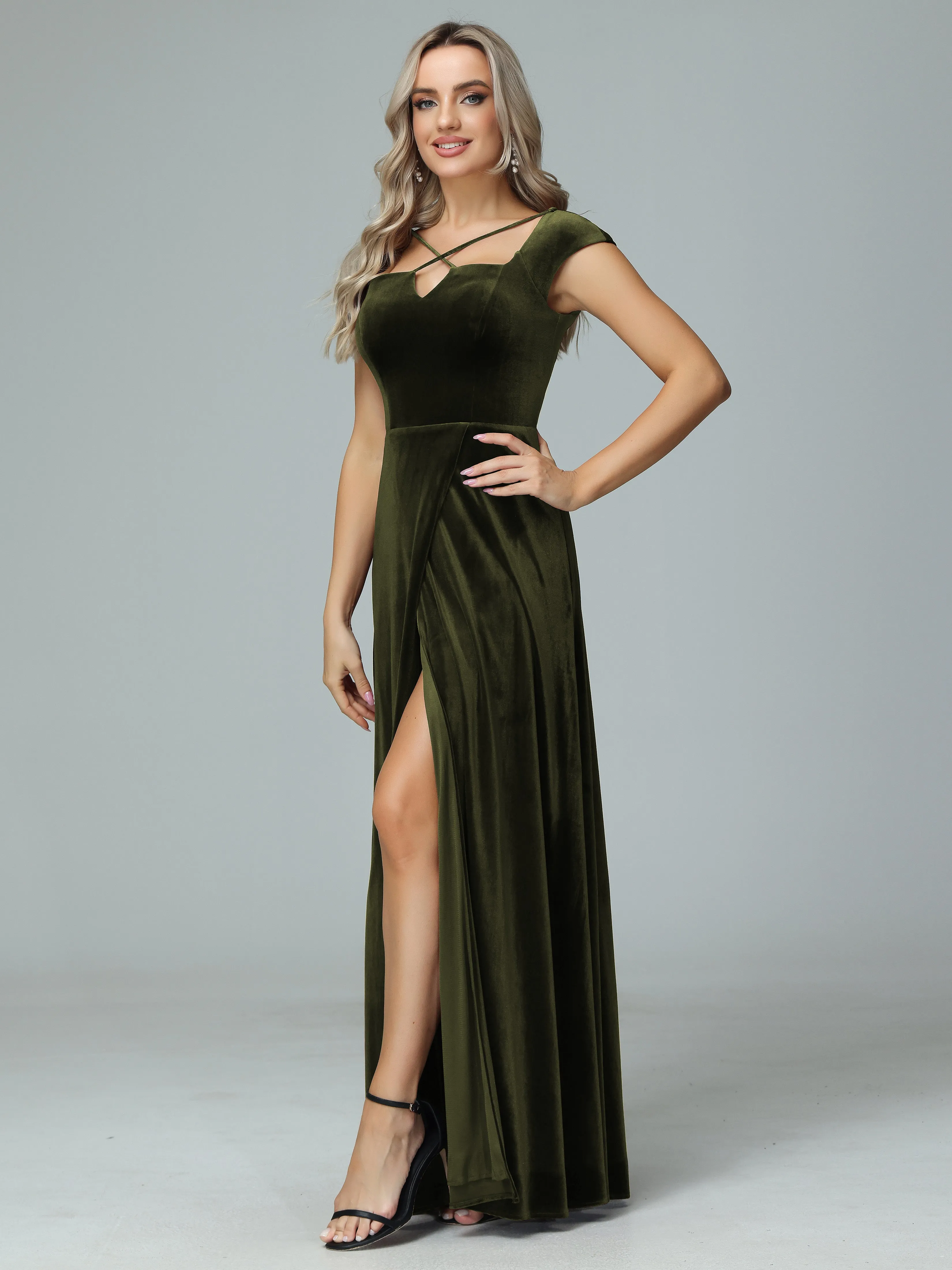 Vintage A-line Cap Sleeves Velvet Bridesmaid Dresses