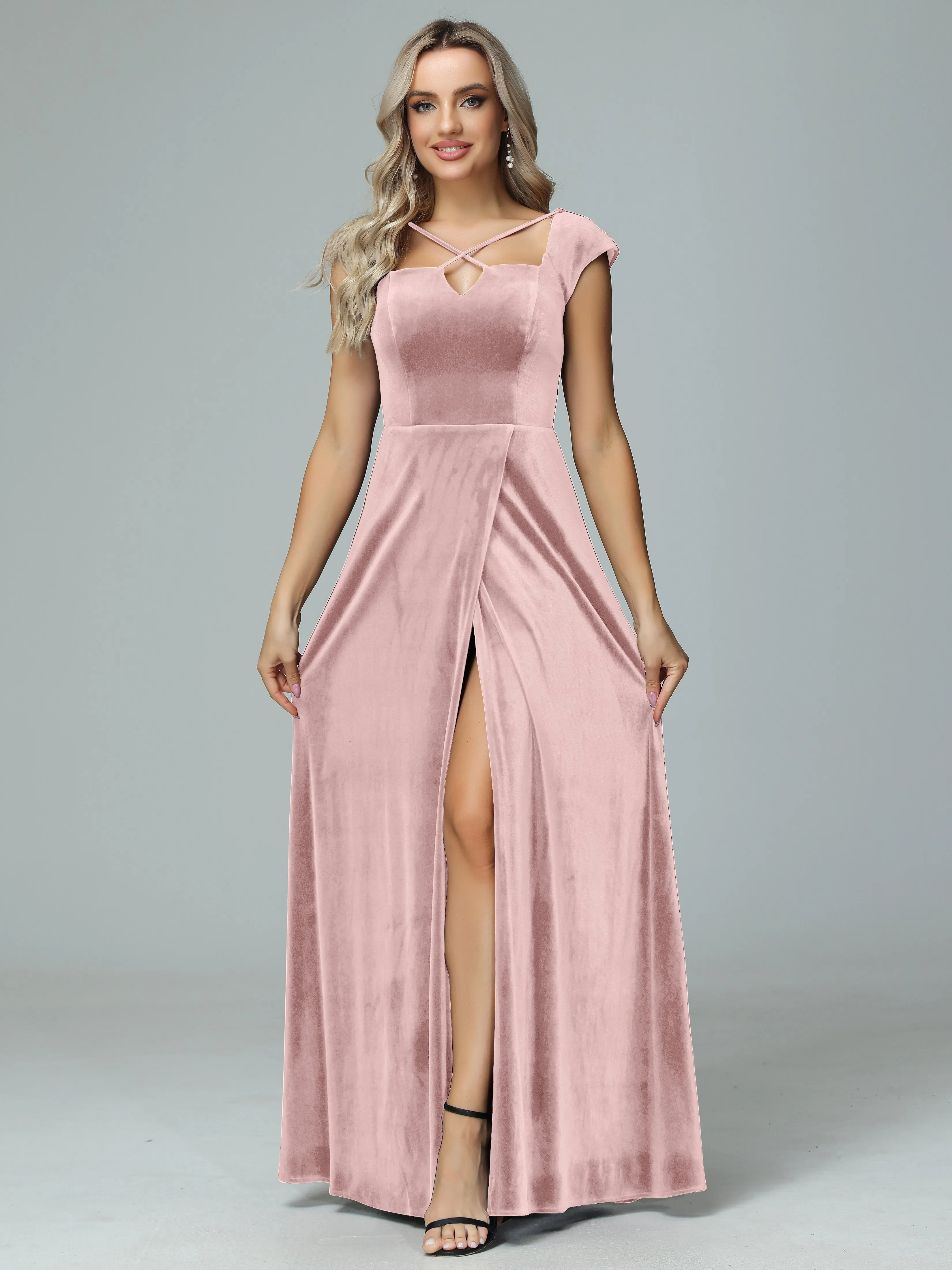 Vintage A-line Cap Sleeves Velvet Bridesmaid Dresses