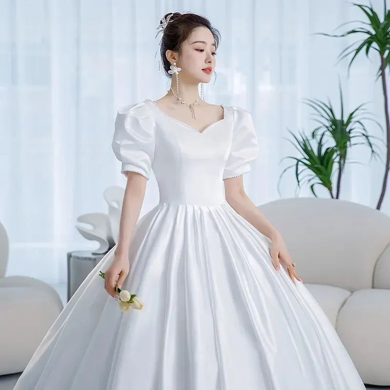 Vintage Princess Wedding Dress Satin Simple Wedding Gown Shining