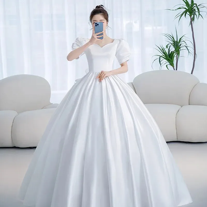 Vintage Princess Wedding Dress Satin Simple Wedding Gown Shining
