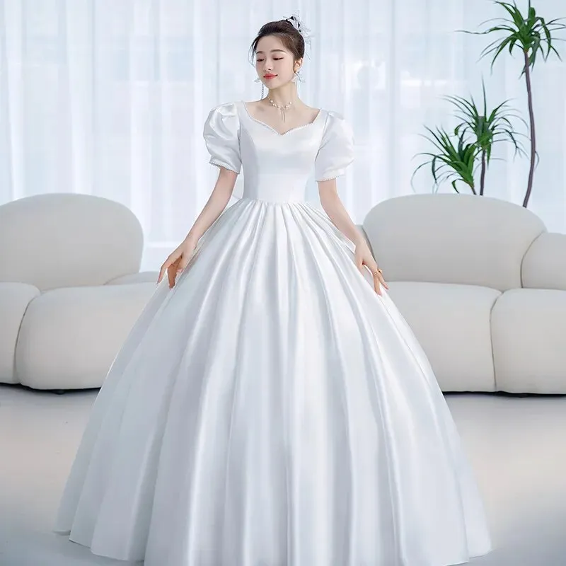 Vintage Princess Wedding Dress Satin Simple Wedding Gown Shining