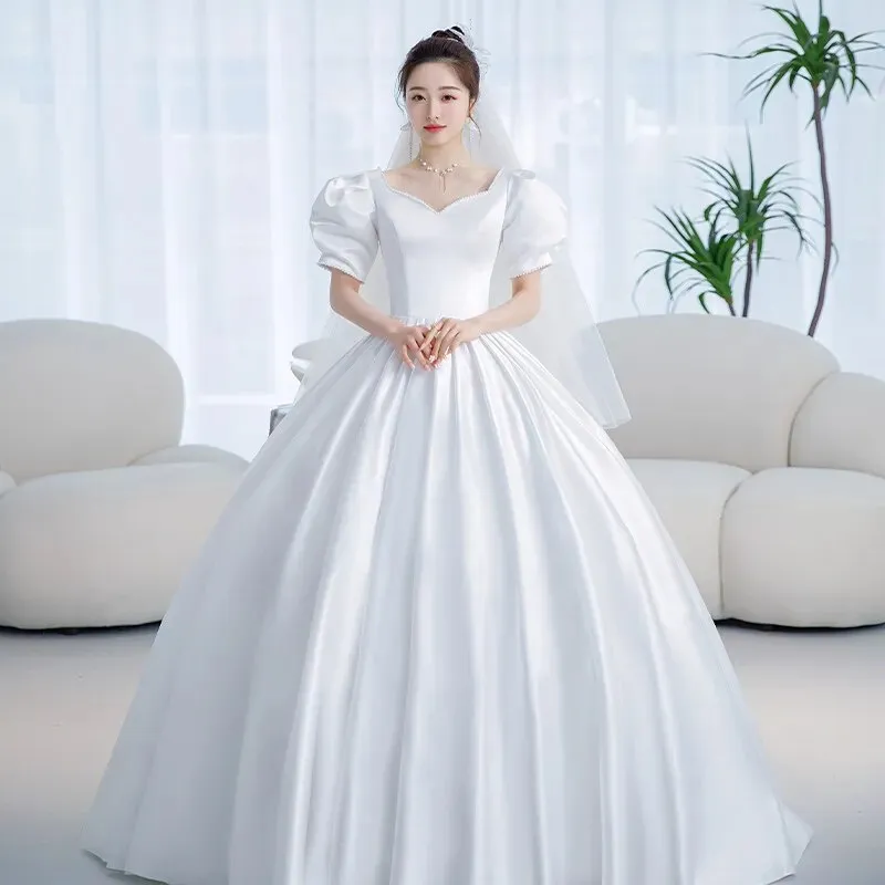 Vintage Princess Wedding Dress Satin Simple Wedding Gown Shining