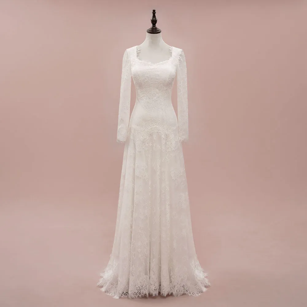 Vintage Style Modest Lace Wedding Dress with Long Sleeves | JASINIA