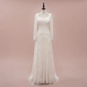 Vintage Style Modest Lace Wedding Dress with Long Sleeves | JASINIA