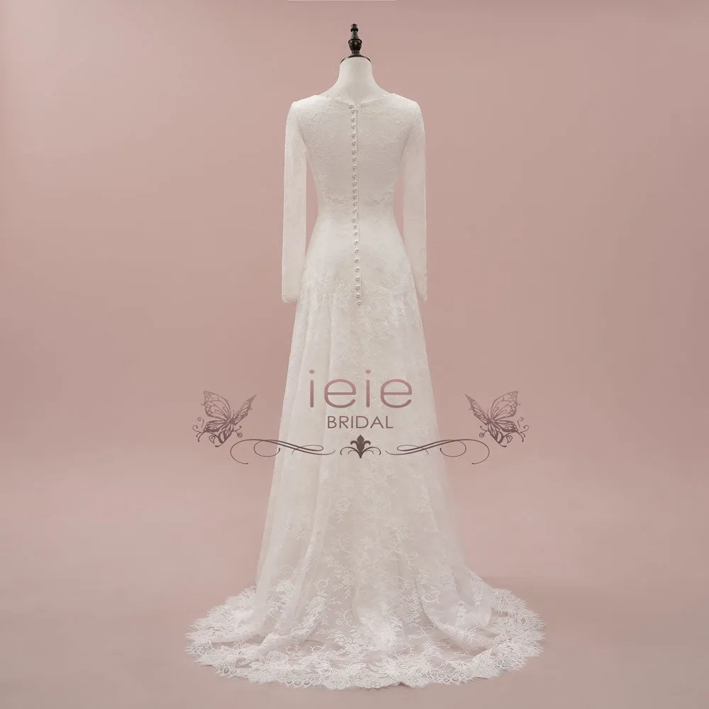 Vintage Style Modest Lace Wedding Dress with Long Sleeves | JASINIA