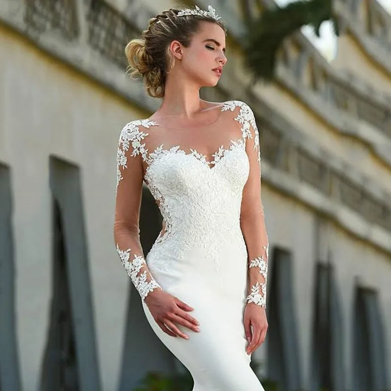 Wedding Dress Scoop-Neck Full Sleeves Bride Dress Zipper Back Top