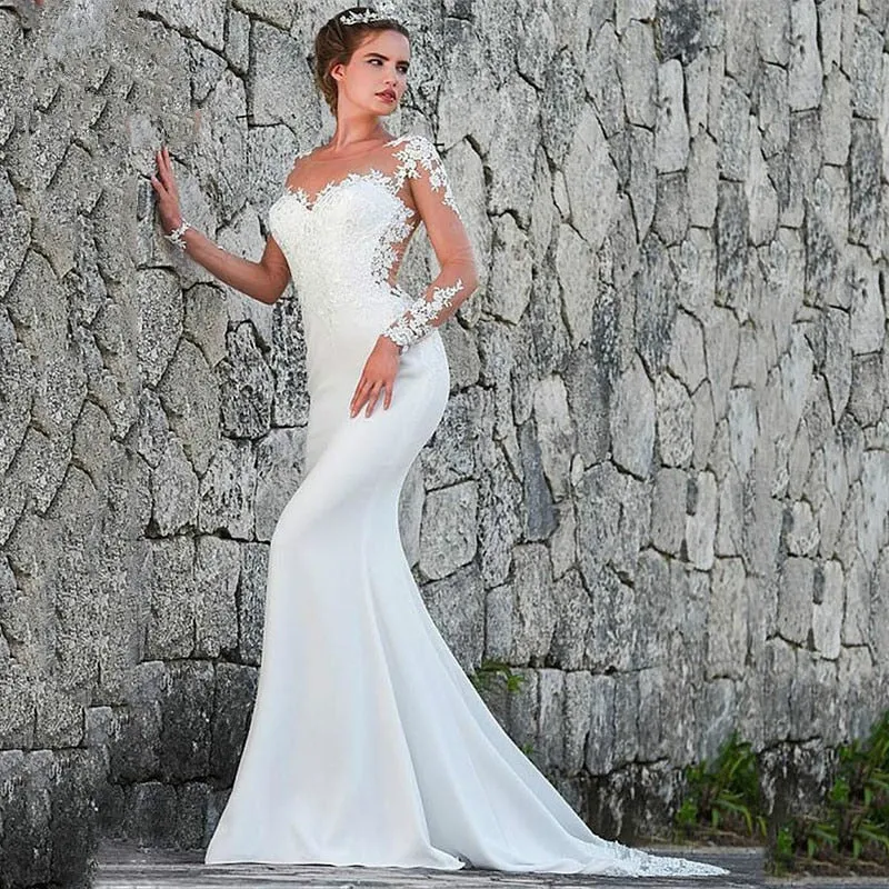Wedding Dress Scoop-Neck Full Sleeves Bride Dress Zipper Back Top