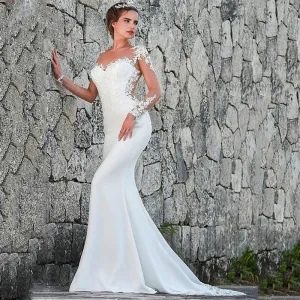 Wedding Dress Scoop-Neck Full Sleeves Bride Dress Zipper Back Top