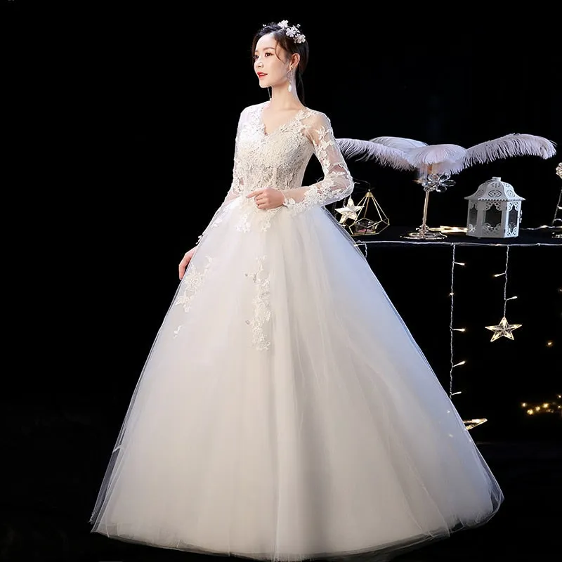 wedding dress vintage v neck illusion long sleeve ball gown white wedding dress
