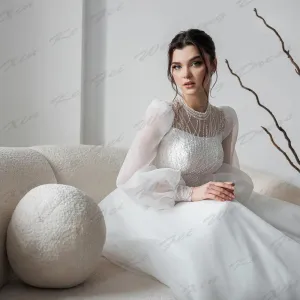 Wedding Dresses Beautiful Round Neck Fluffy Long Sleeves Fluffy Princess