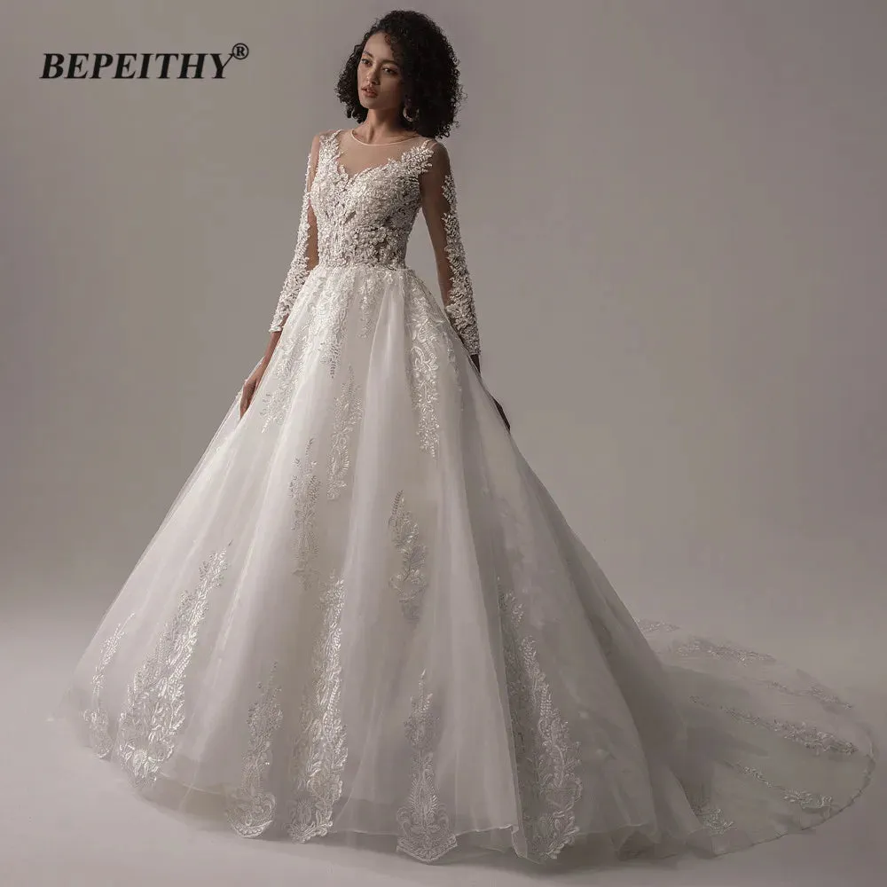 Wedding Dresses For Women Spring Princesss Vintage O Neck Long Sleeves