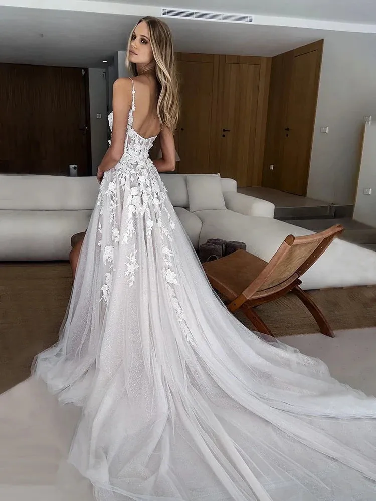 Wedding Dresses High Side Split Lace Appliques Beach Bride Gown Spaghetti