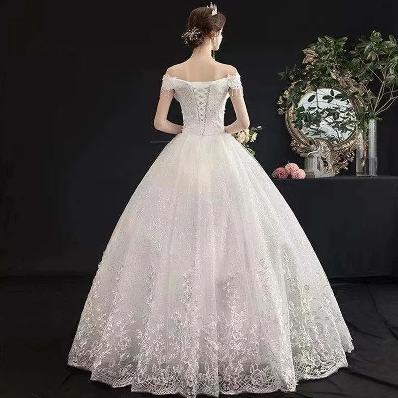 Wedding Dresses Illusion Boat Neck Short Sequined Embroidery Off The Shoulder