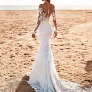 Wedding Dresses V-Neck Mermaid Bride Gowns Long Sleeves Exquisite