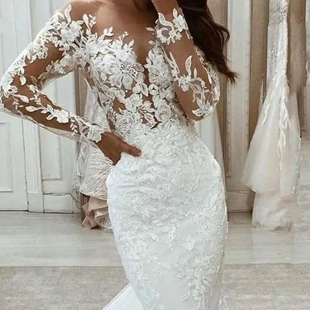Wedding Dresses V-Neck Mermaid Bride Gowns Long Sleeves Exquisite