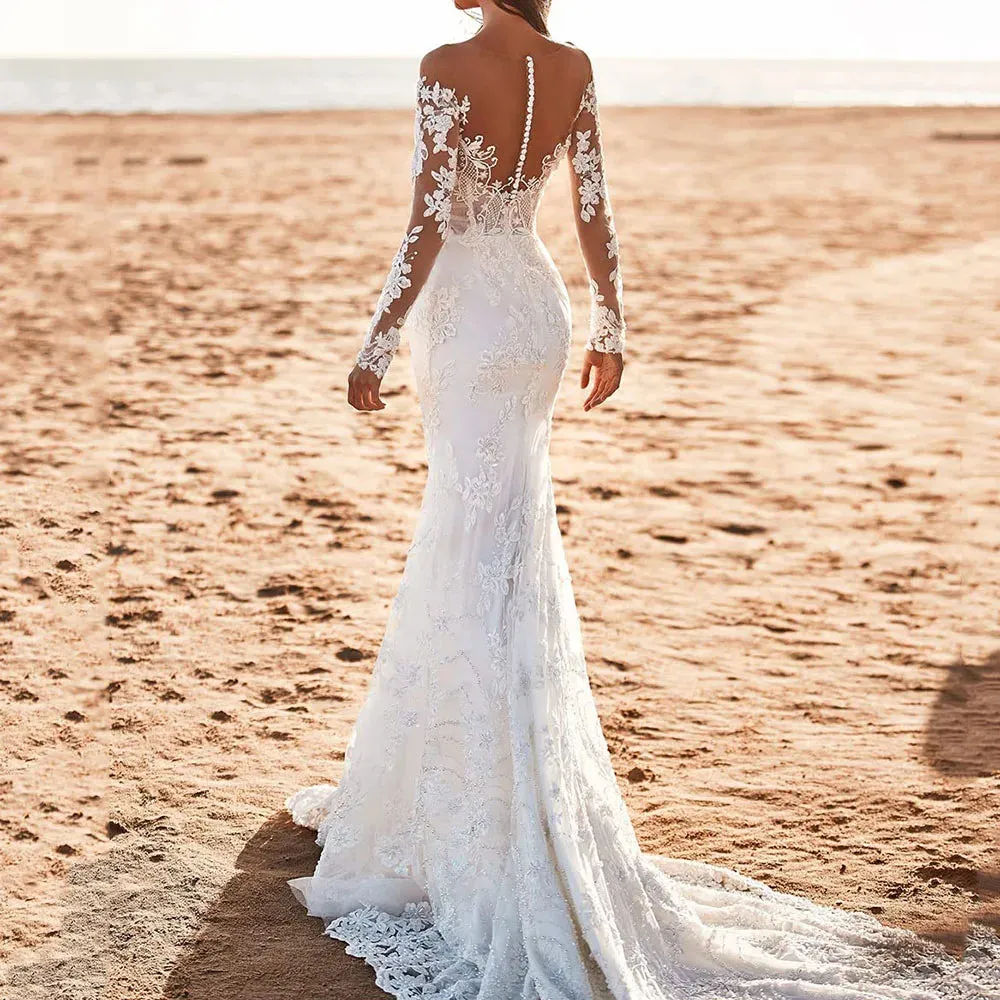 Wedding Dresses V-Neck Mermaid Bride Gowns Long Sleeves Exquisite
