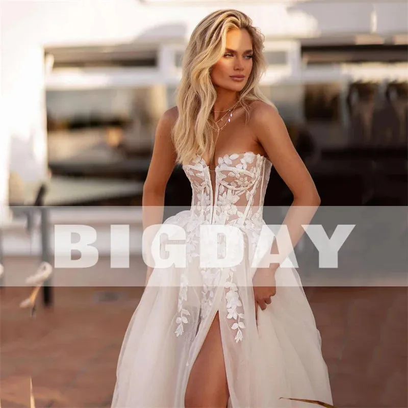 Wedding Guest Dresses: A-Line Wedding Dress Women Lace Sweetheart Tulle Open Back