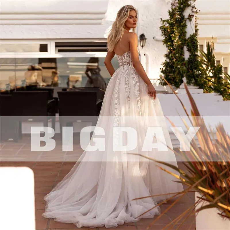 Wedding Guest Dresses: A-Line Wedding Dress Women Lace Sweetheart Tulle Open Back