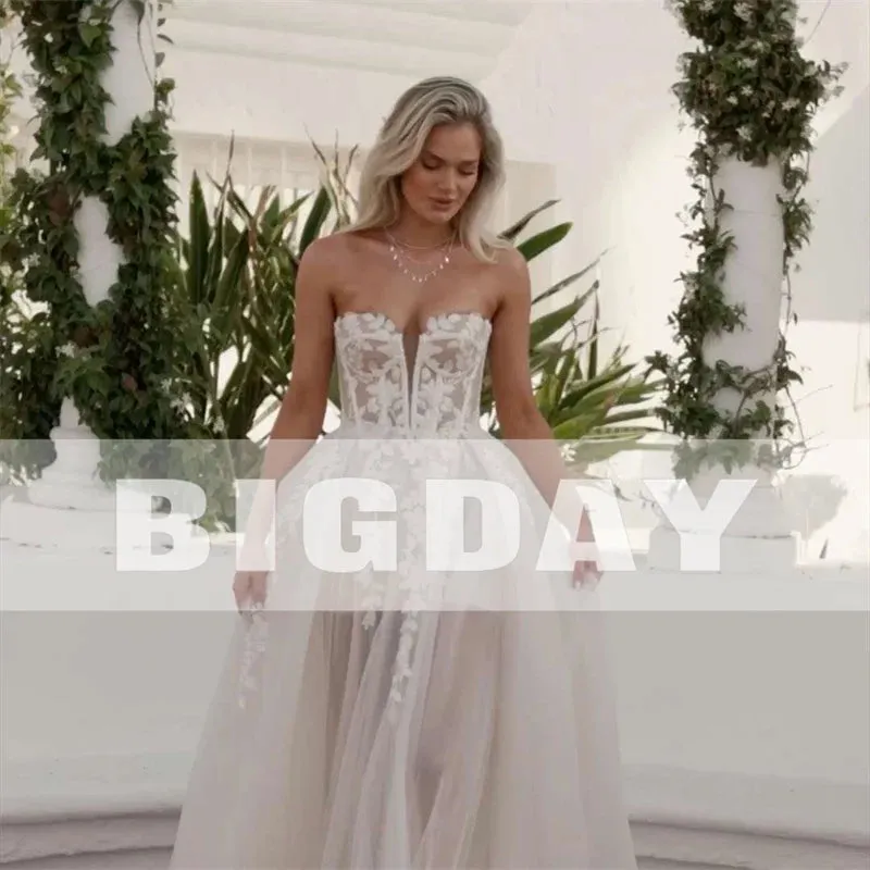 Wedding Guest Dresses: A-Line Wedding Dress Women Lace Sweetheart Tulle Open Back