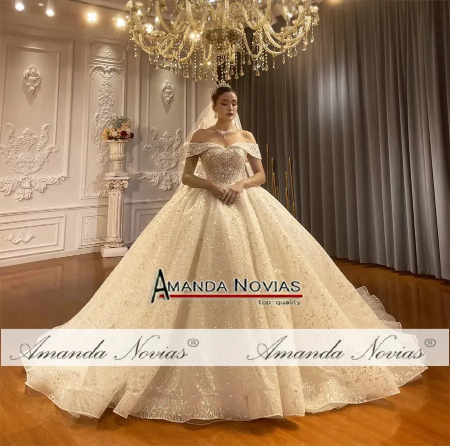 Wedding Guest Dresses: Off The Shoulder Straps Lace Wedding Dress With Small Train