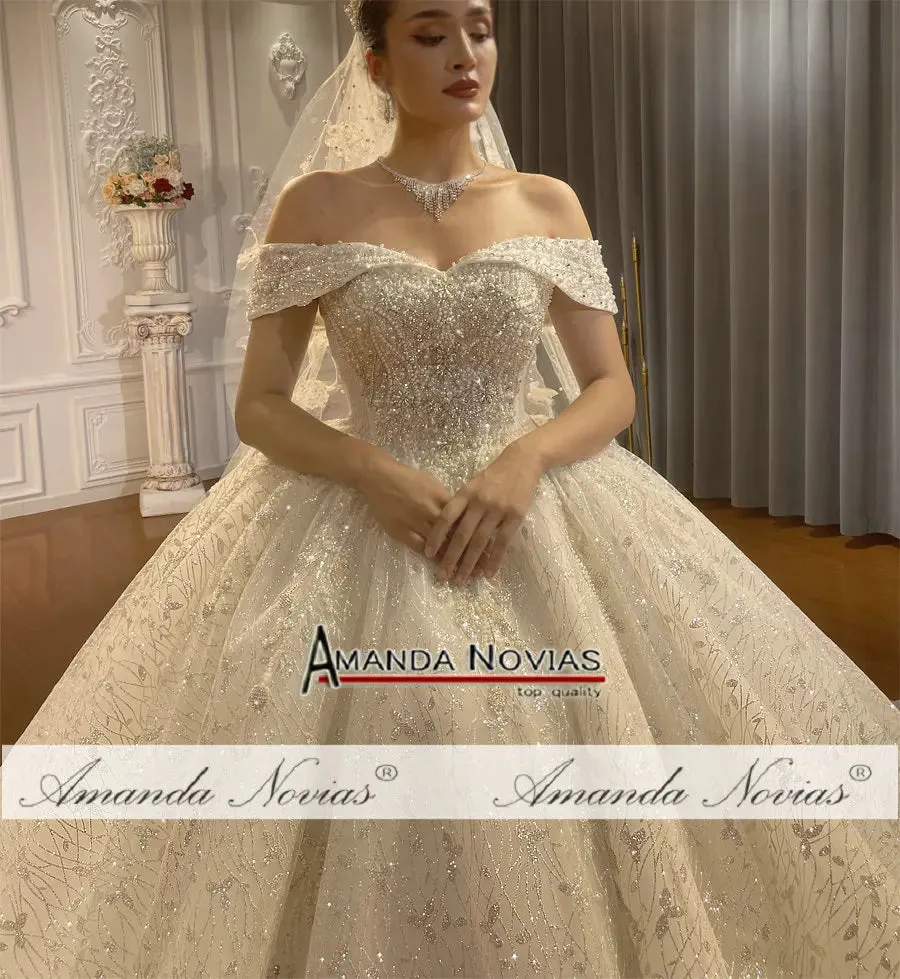 Wedding Guest Dresses: Off The Shoulder Straps Lace Wedding Dress With Small Train