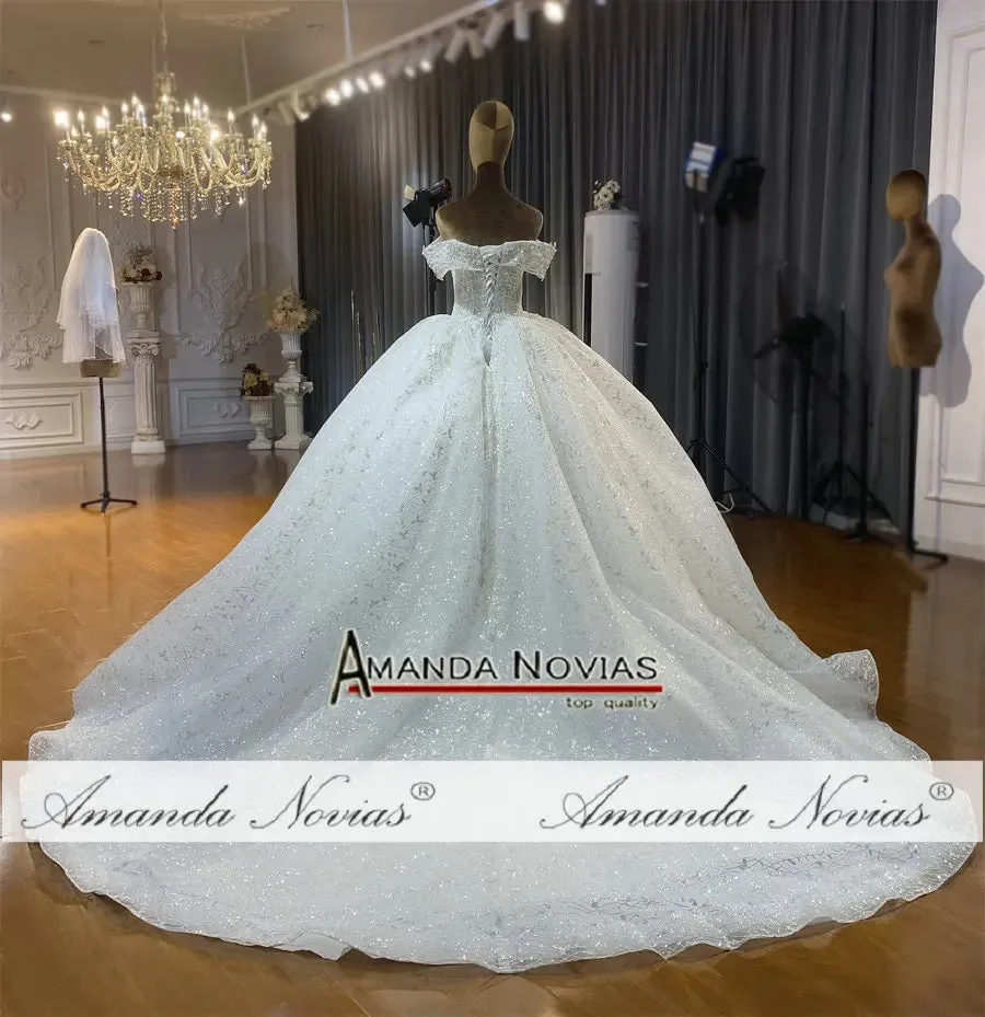 Wedding Guest Dresses: Off The Shoulder Straps Lace Wedding Dress With Small Train