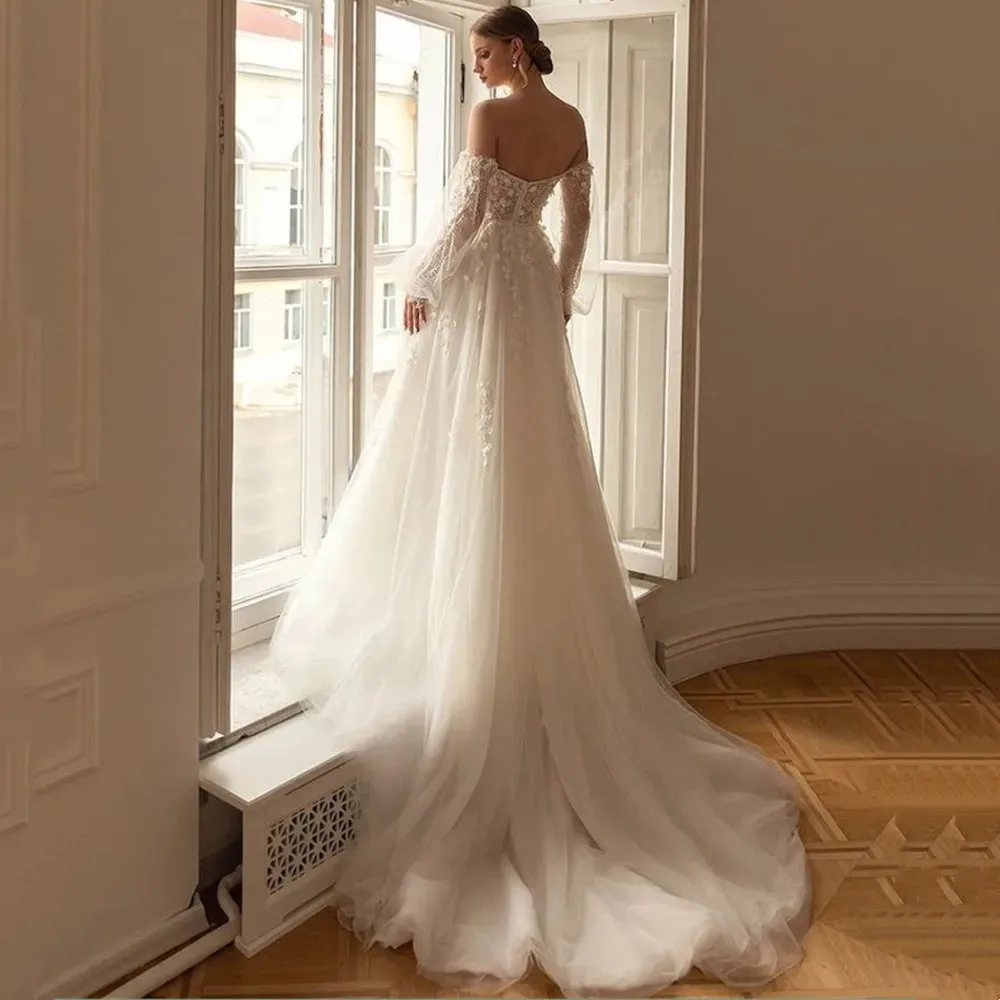 Wedding Guest Dresses: Wedding Dress Lantern Sleeve Lace Appliques Modern A-Line Bride Gown