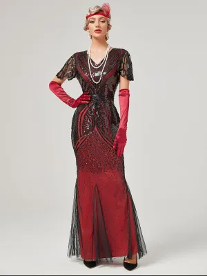Wine Red 1920S Sequined Fringe Flapper Maxi Dress