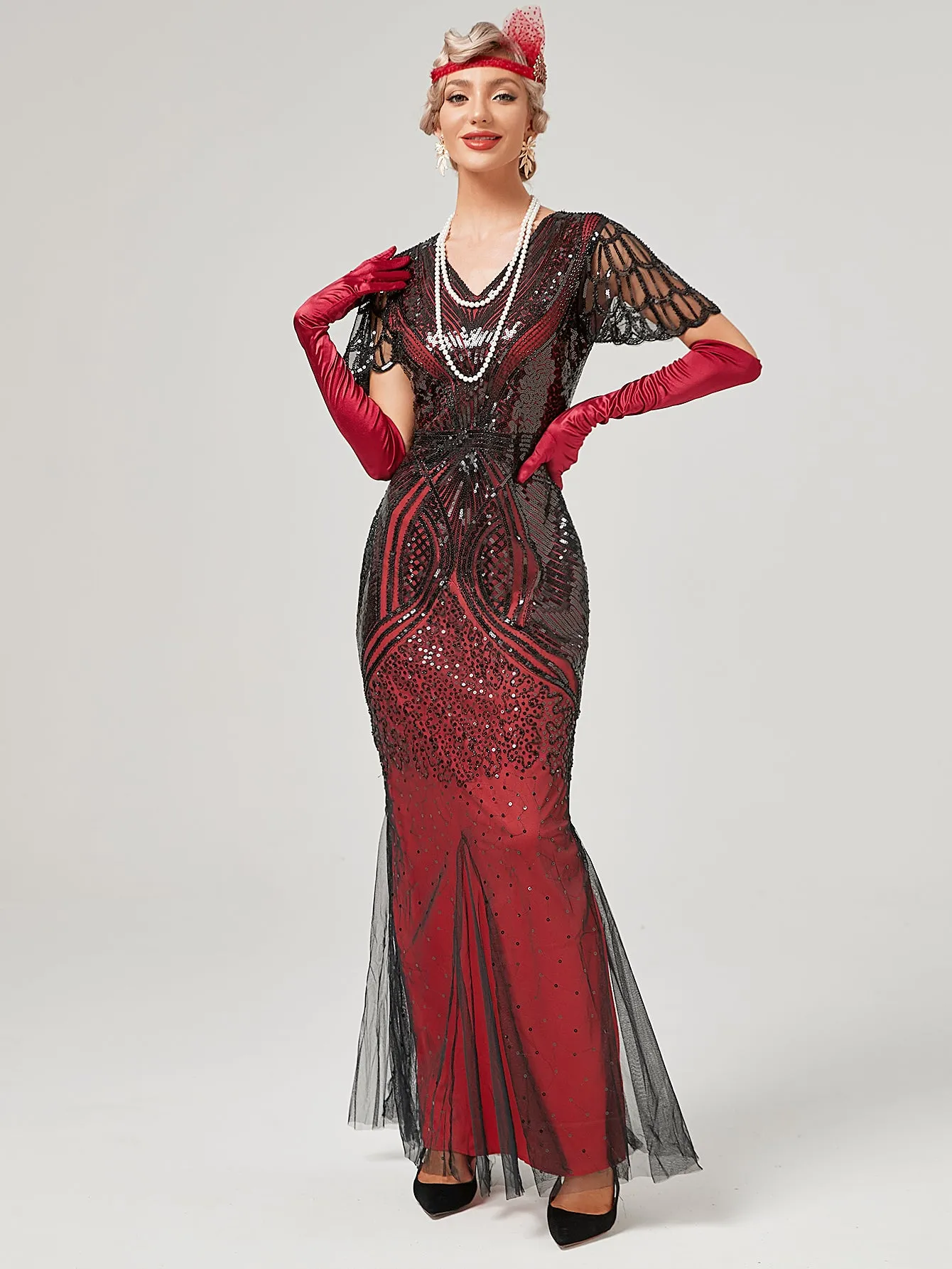 Wine Red 1920S Sequined Fringe Flapper Maxi Dress