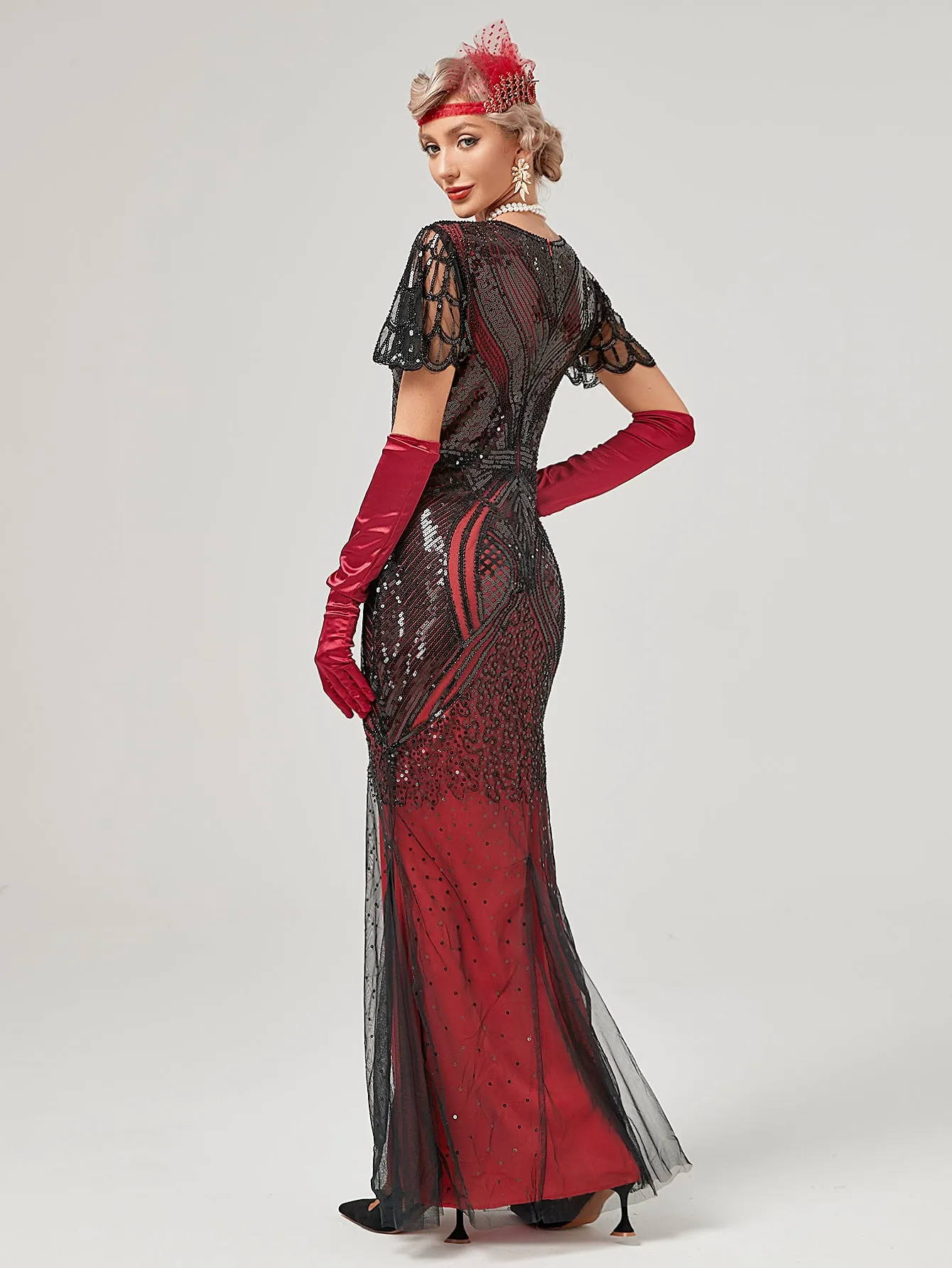 Wine Red 1920S Sequined Fringe Flapper Maxi Dress