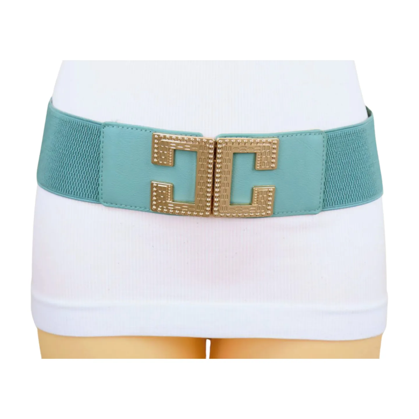 Women Jade Teal Elastic Wide Fashion Belt Hip Waist Gold Metal C Buckle S M