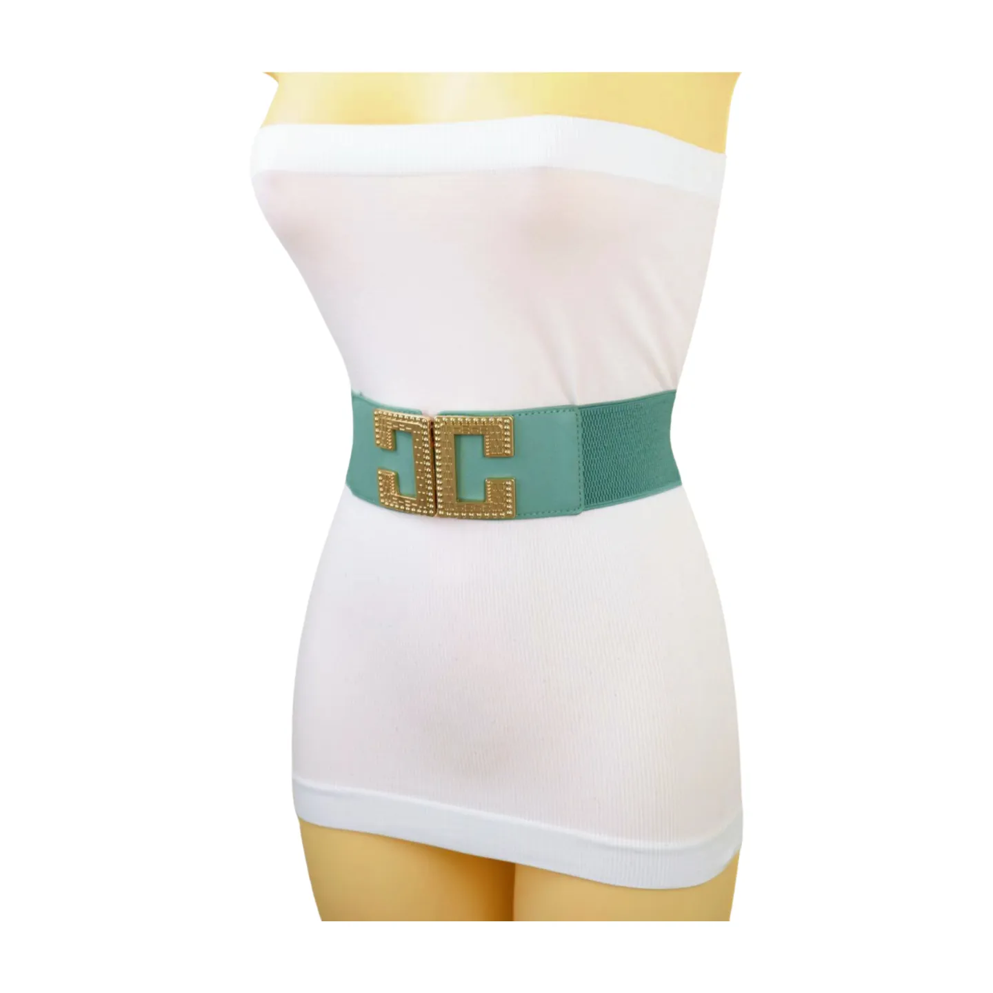 Women Jade Teal Elastic Wide Fashion Belt Hip Waist Gold Metal C Buckle S M