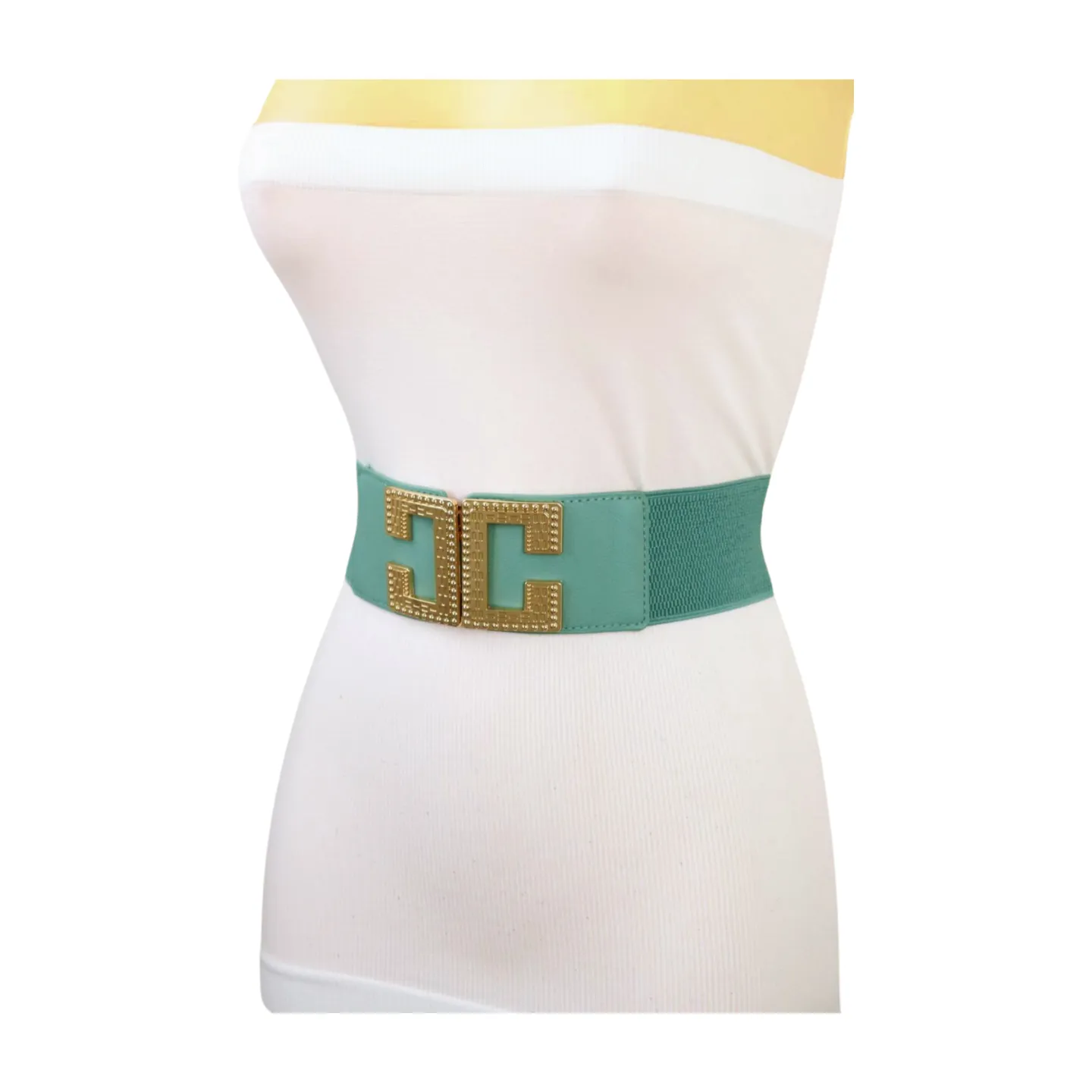 Women Jade Teal Elastic Wide Fashion Belt Hip Waist Gold Metal C Buckle S M