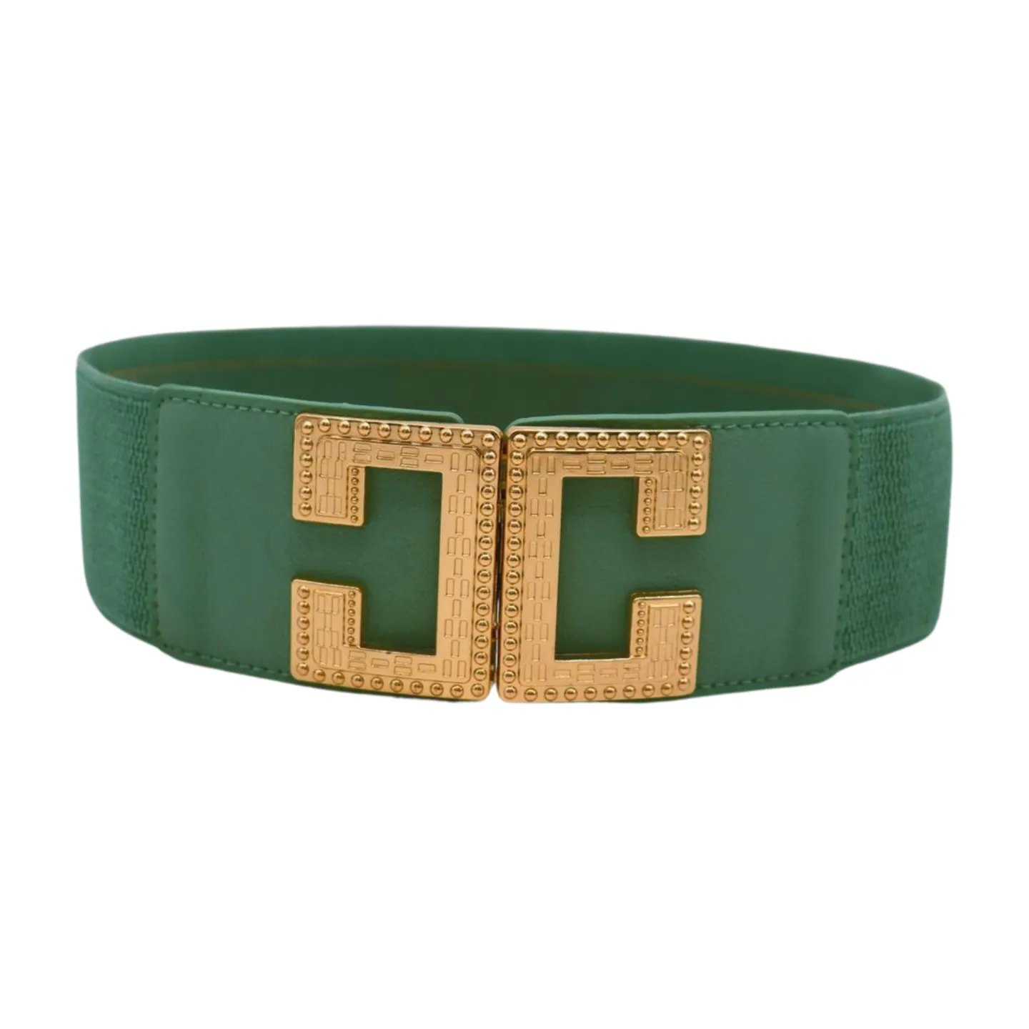 Women Jade Teal Elastic Wide Fashion Belt Hip Waist Gold Metal C Buckle S M